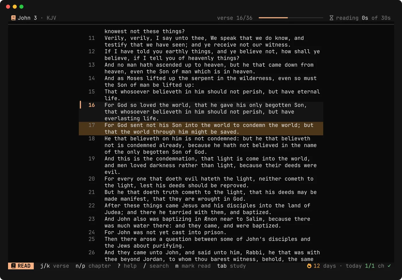 John 3 in the reader, with a highlighted verse